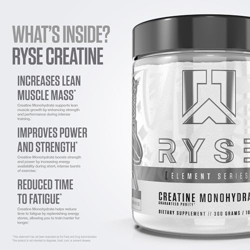 RYSE Creatin-Monohydrat-Pulver – geschmacksneutral – unterstützt Männer & Frauen beim Muskelaufbau, Kraft, Leistung und Ausdauer – hilft Müdigkeit zu reduzieren und die Erholung zu verbessern – 60 Portionen