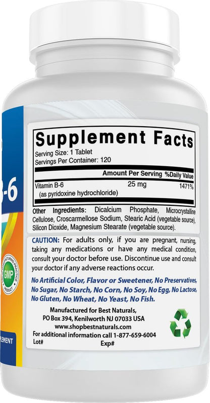 Best Naturals Vitamin B6 25 mg – 120 Tabletten, Nahrungsergänzungsmittel