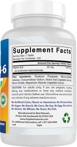 Best Naturals Vitamin B6 25 mg – 120 Tabletten, Nahrungsergänzungsmittel
