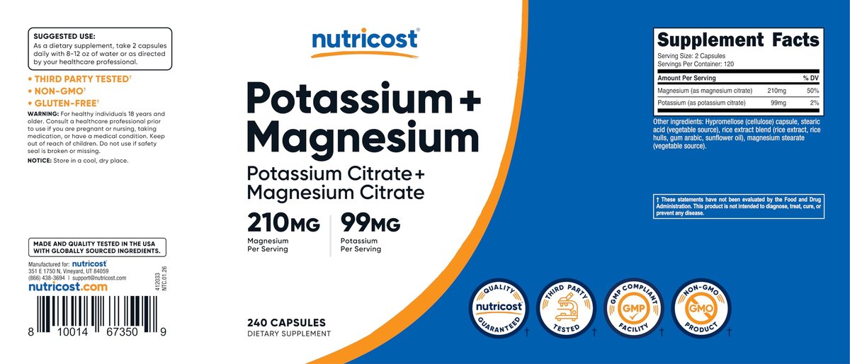 Nutricost Kalium (99 mg) & Magnesium (210 mg) Citrate, 240 Kapseln - Non-GMO, Glutenfrei