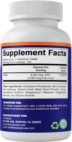 Vitamatic Folsäure 5 mg (5000 mcg) – 120 vegane Tabletten pro Flasche | Packung mit 2 (insgesamt 240 Tabletten) Vitamin B9 (Folat) | Unterstützt Herzgesundheit, Gehirnfunktion und pränatales Wohlbefinden