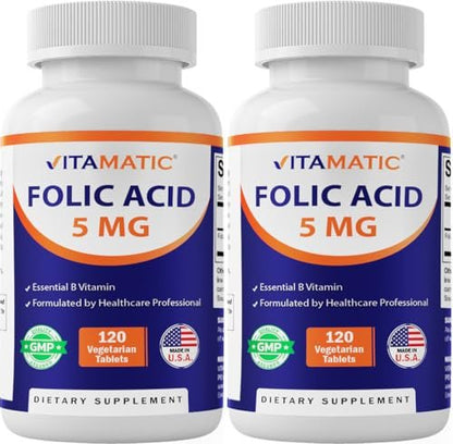 Vitamatic Folsäure 5 mg (5000 mcg) – 120 vegane Tabletten pro Flasche | Packung mit 2 (insgesamt 240 Tabletten) Vitamin B9 (Folat) | Unterstützt Herzgesundheit, Gehirnfunktion und pränatales Wohlbefinden