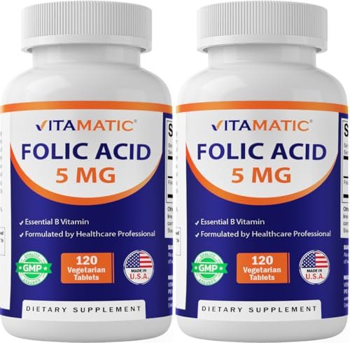 Vitamatic Folsäure 5 mg (5000 mcg) – 120 vegane Tabletten pro Flasche | Packung mit 2 (insgesamt 240 Tabletten) Vitamin B9 (Folat) | Unterstützt Herzgesundheit, Gehirnfunktion und pränatales Wohlbefinden
