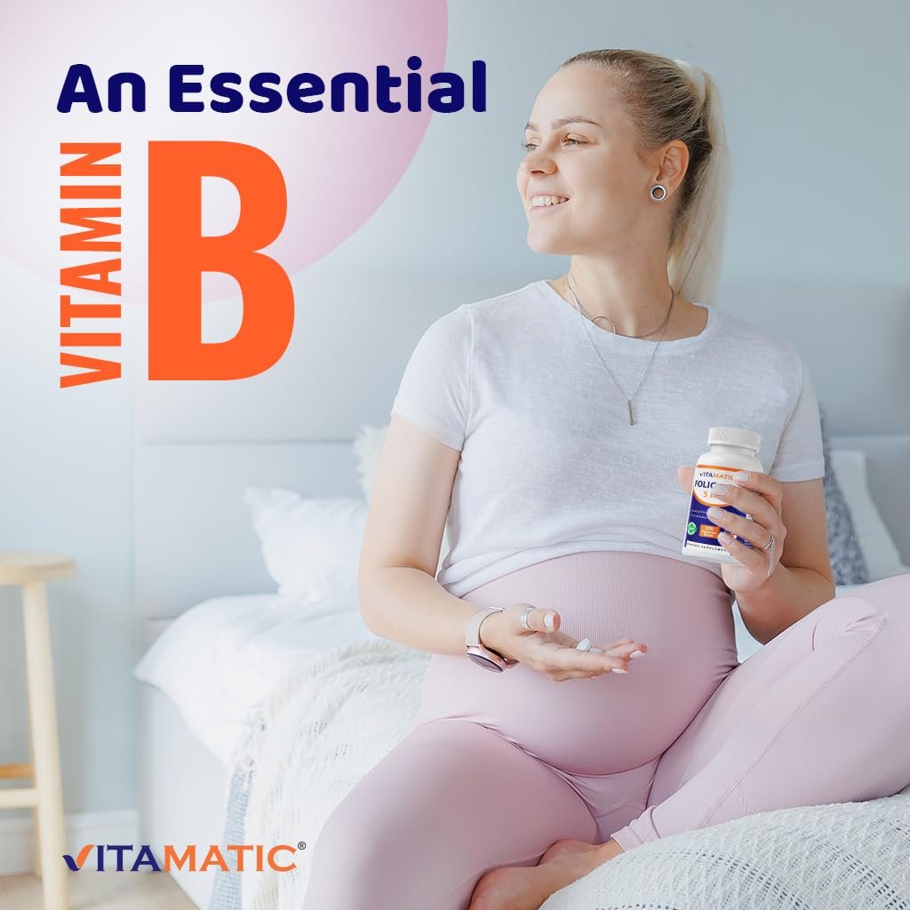 Vitamatic Folsäure 5 mg (5000 mcg) – 120 vegane Tabletten pro Flasche | Packung mit 2 (insgesamt 240 Tabletten) Vitamin B9 (Folat) | Unterstützt Herzgesundheit, Gehirnfunktion und pränatales Wohlbefinden