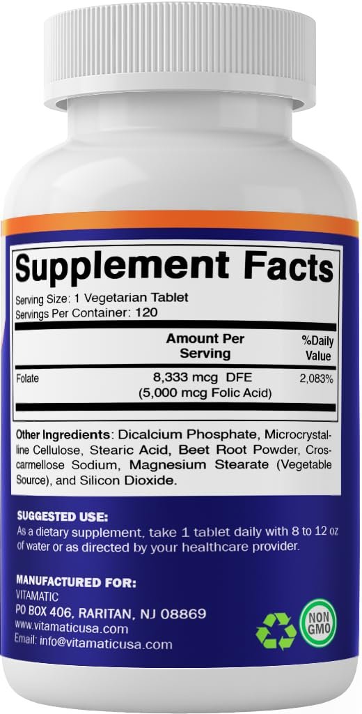 Vitamatic Folsäure 5 mg (5000 mcg) – 120 vegane Tabletten pro Flasche | Packung mit 2 (insgesamt 240 Tabletten) Vitamin B9 (Folat) | Unterstützt Herzgesundheit, Gehirnfunktion und pränatales Wohlbefinden