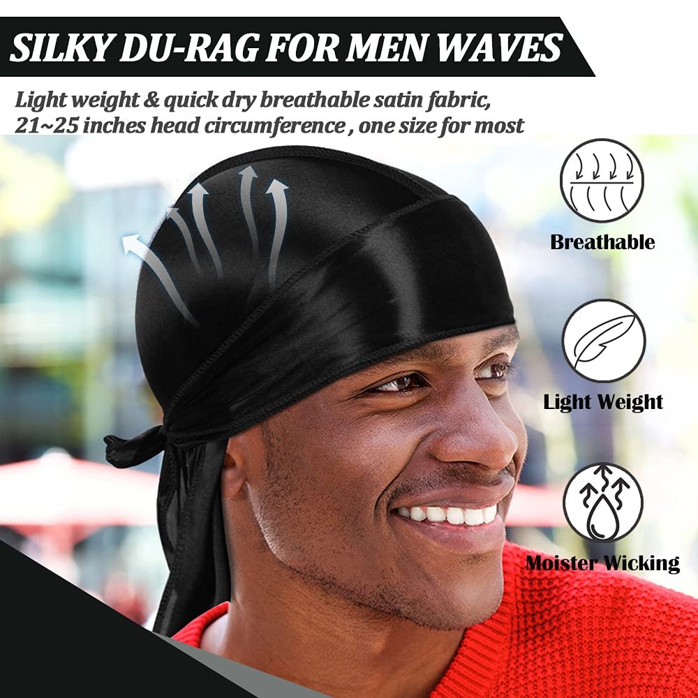 DACKRITO 2er-Pack Seidige Durag für Männer und Frauen, Premium Satin Doo Rag Kopfwickel mit langem Schwanz für 360 Waves