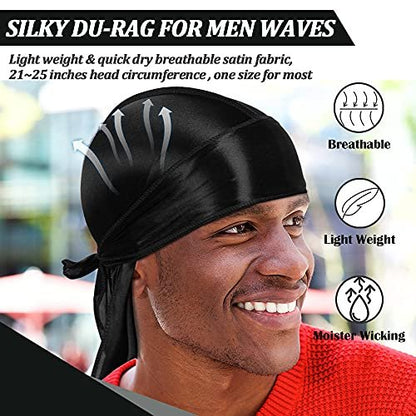 DACKRITO 2er-Pack Seidige Durag für Männer und Frauen, Premium Satin Doo Rag Kopfwickel mit langem Schwanz für 360 Waves