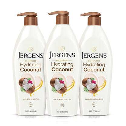 Jergens Hydrating Coconut Body Lotion – Hand- und Körperfeuchtigkeitscreme mit Kokosöl, 16,8 oz (3er-Pack)
