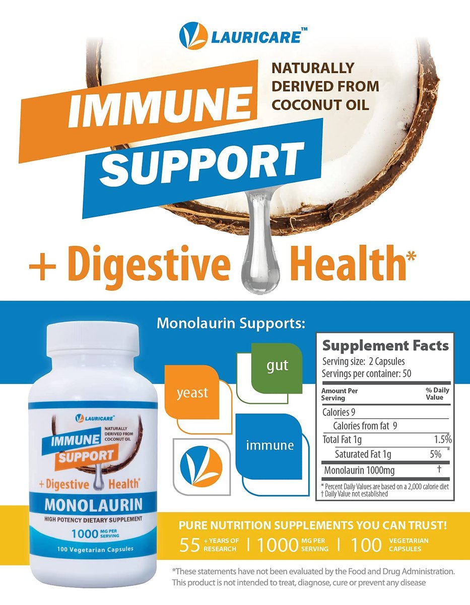 Lauricare Monolaurin Kapseln – Immununterstützung & Darmgesundheit – 1000 mg pro Portion – 100 Kapseln
