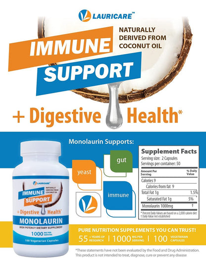 Lauricare Monolaurin Kapseln – Immununterstützung & Darmgesundheit – 1000 mg pro Portion – 100 Kapseln