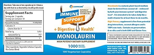 Lauricare Monolaurin Kapseln – Immununterstützung & Darmgesundheit – 1000 mg pro Portion – 100 Kapseln