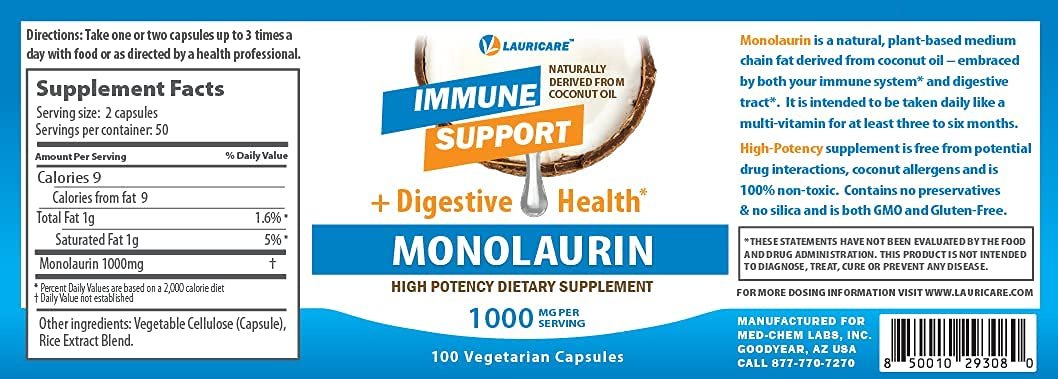 Lauricare Monolaurin Kapseln – Immununterstützung & Darmgesundheit – 1000 mg pro Portion – 100 Kapseln