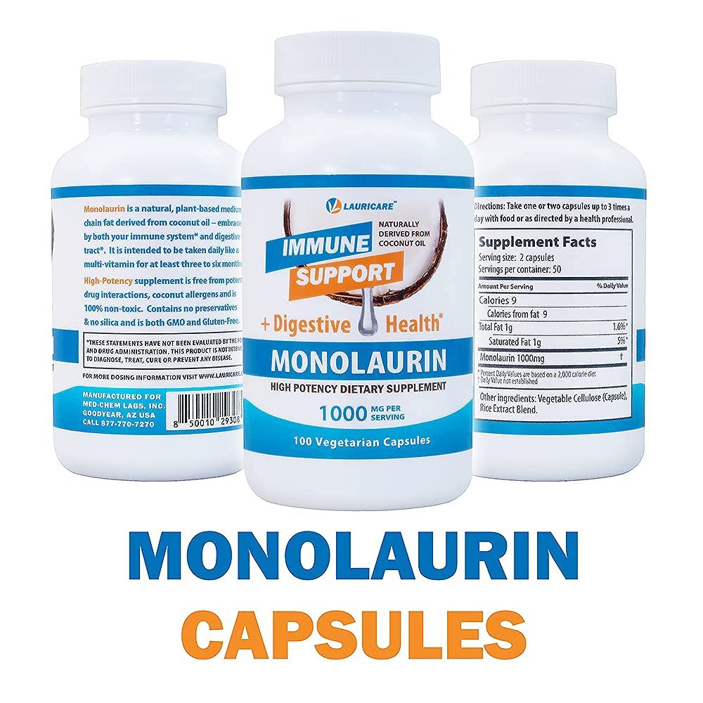Lauricare Monolaurin Kapseln – Immununterstützung & Darmgesundheit – 1000 mg pro Portion – 100 Kapseln