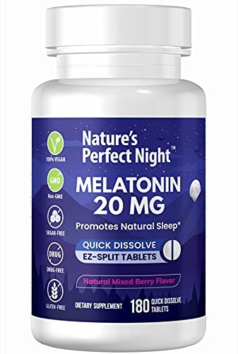 Nature's Perfect Night | Melatonin 20 mg | 180 schnell lösliche Tabletten | Natürlicher Beerenmix-Geschmack | Hochpotent | Zuckerfrei | Vegan | Glutenfrei | Großpackung