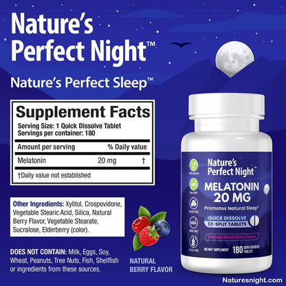 Nature's Perfect Night | Melatonin 20 mg | 180 schnell lösliche Tabletten | Natürlicher Beerenmix-Geschmack | Hochpotent | Zuckerfrei | Vegan | Glutenfrei | Großpackung