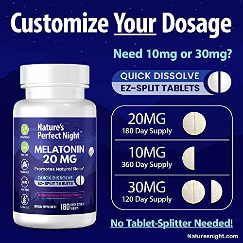 Nature's Perfect Night | Melatonin 20 mg | 180 schnell lösliche Tabletten | Natürlicher Beerenmix-Geschmack | Hochpotent | Zuckerfrei | Vegan | Glutenfrei | Großpackung
