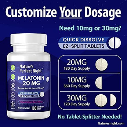 Nature's Perfect Night | Melatonin 20 mg | 180 schnell lösliche Tabletten | Natürlicher Beerenmix-Geschmack | Hochpotent | Zuckerfrei | Vegan | Glutenfrei | Großpackung