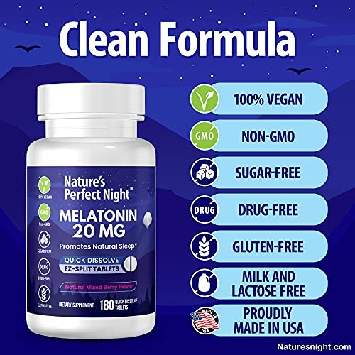 Nature's Perfect Night | Melatonin 20 mg | 180 schnell lösliche Tabletten | Natürlicher Beerenmix-Geschmack | Hochpotent | Zuckerfrei | Vegan | Glutenfrei | Großpackung