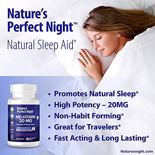 Nature's Perfect Night | Melatonin 20 mg | 180 schnell lösliche Tabletten | Natürlicher Beerenmix-Geschmack | Hochpotent | Zuckerfrei | Vegan | Glutenfrei | Großpackung