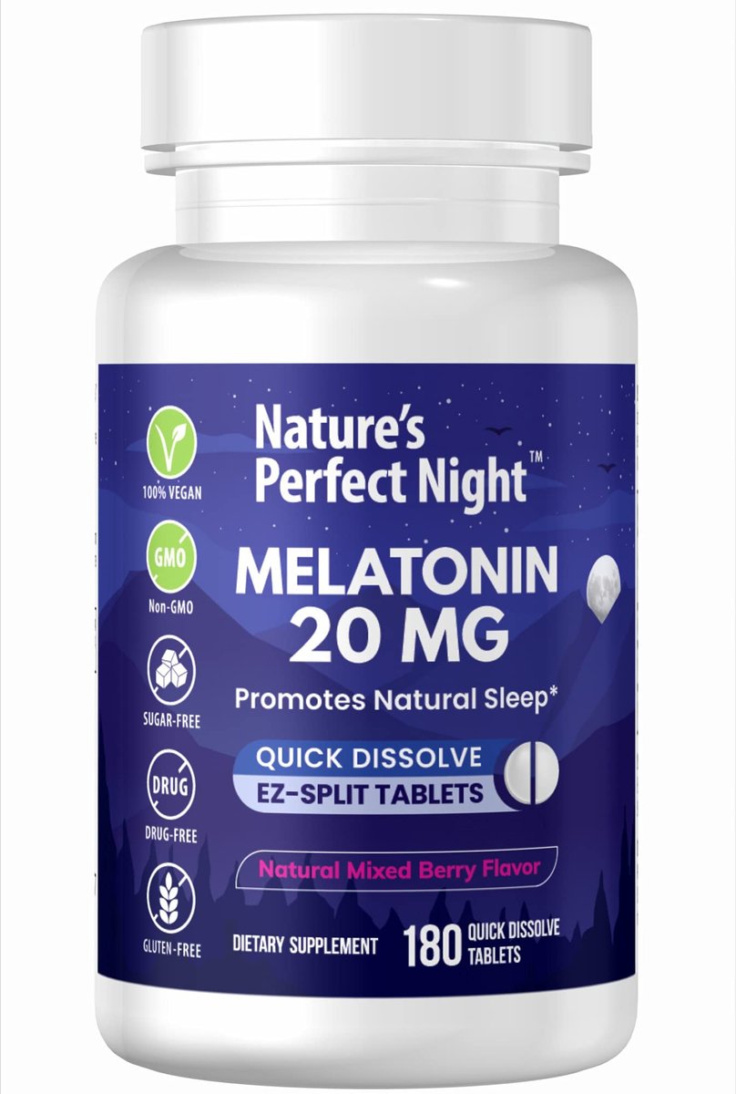Nature's Perfect Night | Melatonin 20 mg | 180 schnell lösliche Tabletten | Natürlicher Beerenmix-Geschmack | Hochpotent | Zuckerfrei | Vegan | Glutenfrei | Großpackung