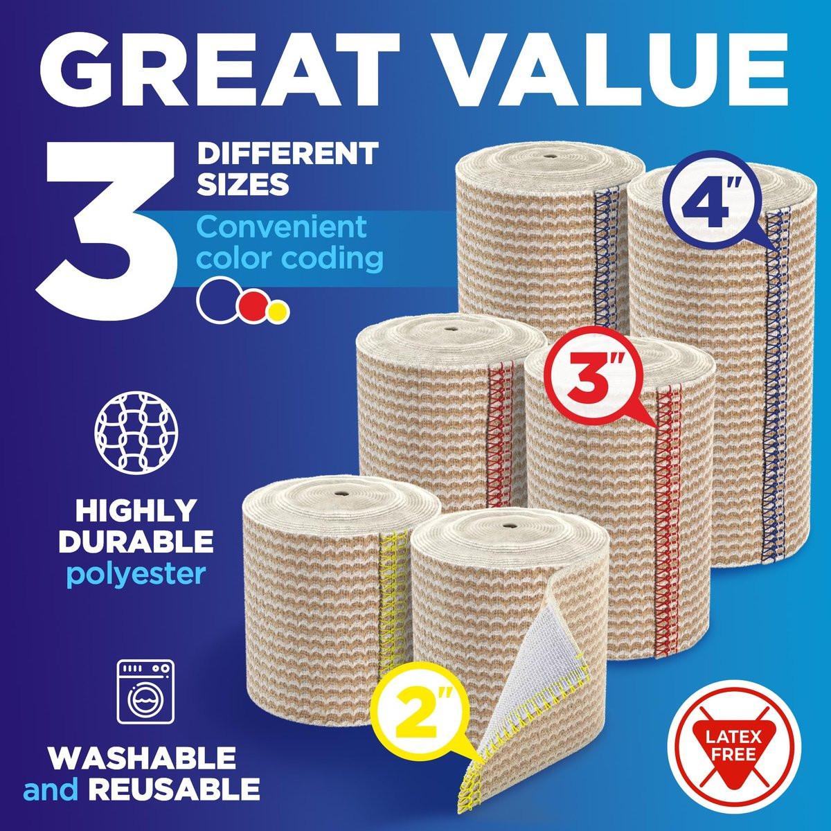 Hochleistungs-Elastikbandage Wickel - 6er Pack (2x2in, 2x3in, 2x4in) - Selbstschließende Kompressionsbandage für Bein, Knöchel, Handgelenk und Knie - für Erste-Hilfe-Set und nach der Operation
