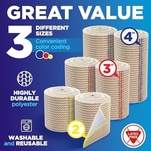 Hochleistungs-Elastikbandage Wickel - 6er Pack (2x2in, 2x3in, 2x4in) - Selbstschließende Kompressionsbandage für Bein, Knöchel, Handgelenk und Knie - für Erste-Hilfe-Set und nach der Operation