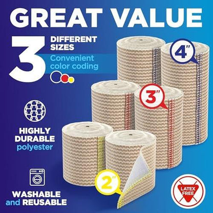 Hochleistungs-Elastikbandage Wickel - 6er Pack (2x2in, 2x3in, 2x4in) - Selbstschließende Kompressionsbandage für Bein, Knöchel, Handgelenk und Knie - für Erste-Hilfe-Set und nach der Operation
