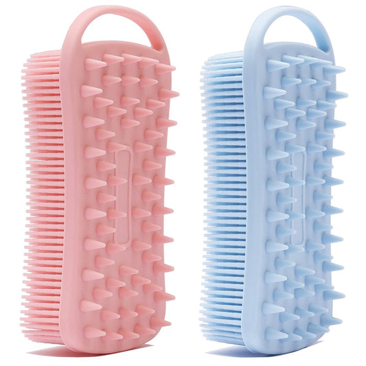 2er-Set Silikon Peeling Körperbürste, 2-in-1 Silikon Duschbürste, weicher Silikon-Luffa für empfindliche Haut, Duschkopfhautmassagegerät, leicht zu reinigen, schäumt gut (Pink & Blau)