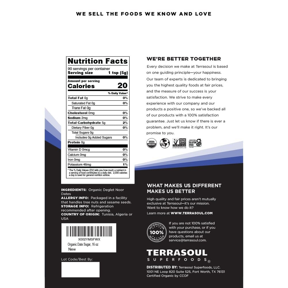 Terrasoul Superfoods Bio Dattelzucker, 454 g - Niedriger glykämischer Index | Unraffiniert | Spurenmineralien