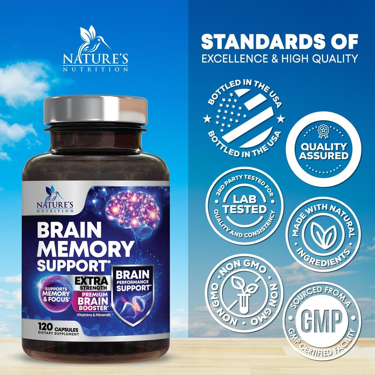 3X Gehirn Booster Kapseln – Nootropika für Konzentration, Klarheit und Fokus – Gedächtnis & kognitive Vitamine mit Bacopa, Phosphatidylserin & DMAE – 120 Kapseln