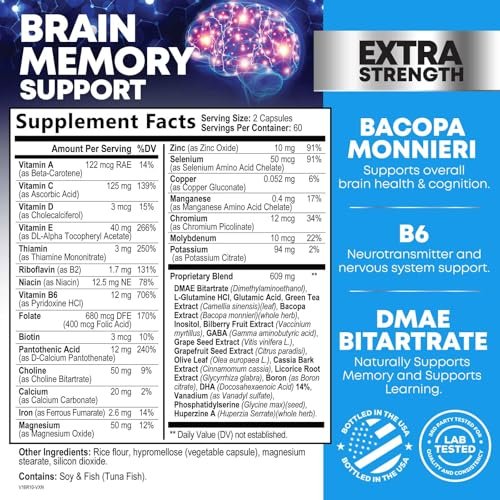 3X Gehirn Booster Kapseln – Nootropika für Konzentration, Klarheit und Fokus – Gedächtnis & kognitive Vitamine mit Bacopa, Phosphatidylserin & DMAE – 120 Kapseln