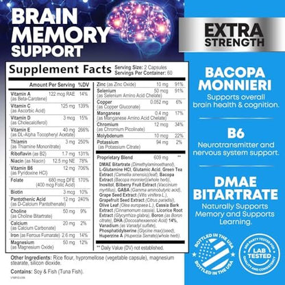 3X Gehirn Booster Kapseln – Nootropika für Konzentration, Klarheit und Fokus – Gedächtnis & kognitive Vitamine mit Bacopa, Phosphatidylserin & DMAE – 120 Kapseln