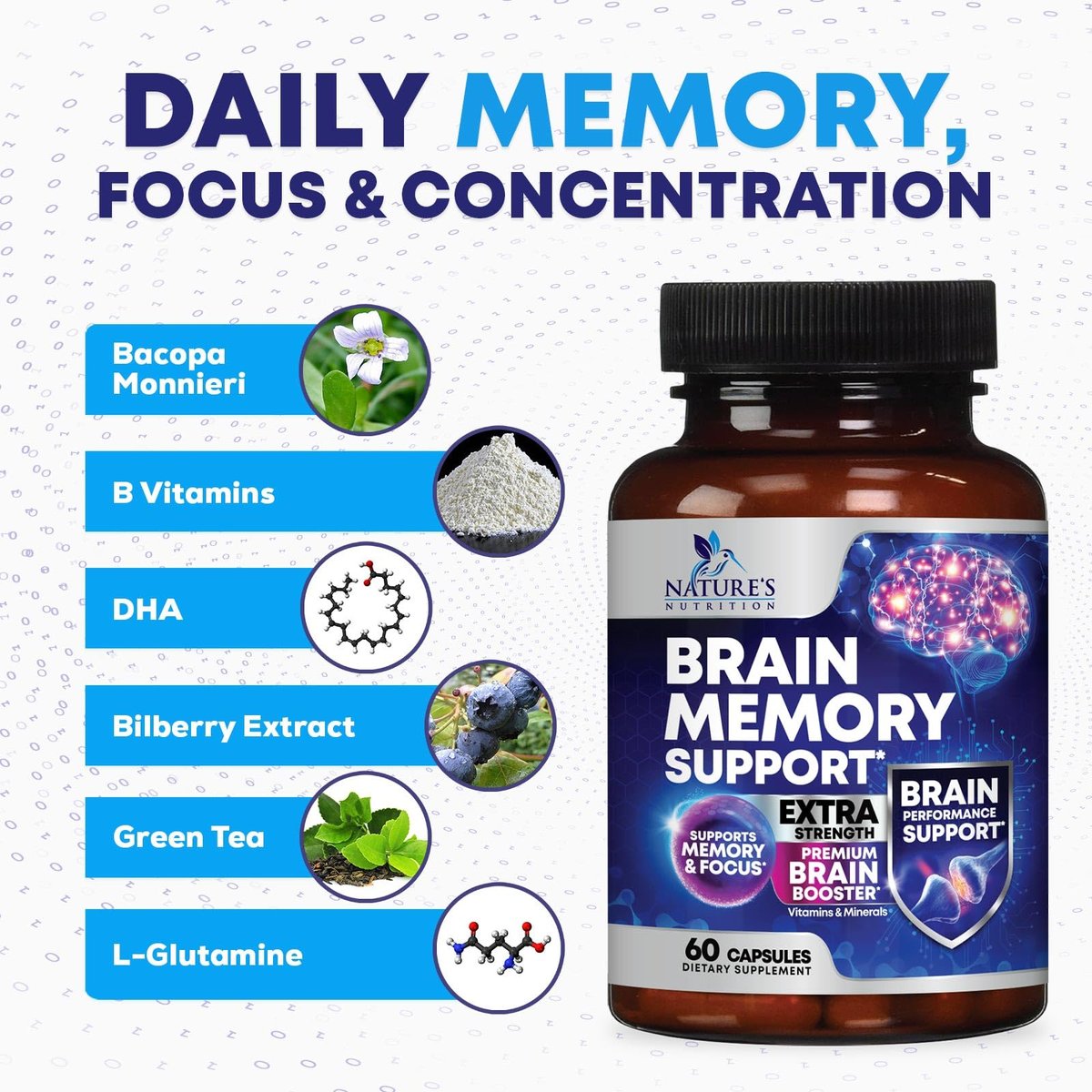 3X Gehirn Booster – Gedächtnis & Konzentration Kapseln mit Bacopa, Phosphatidylserin & DMAE – Nootropikum für Fokus & Klarheit – 60 Kapseln
