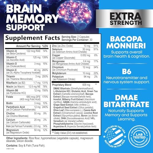 3X Gehirn Booster – Gedächtnis & Konzentration Kapseln mit Bacopa, Phosphatidylserin & DMAE – Nootropikum für Fokus & Klarheit – 60 Kapseln