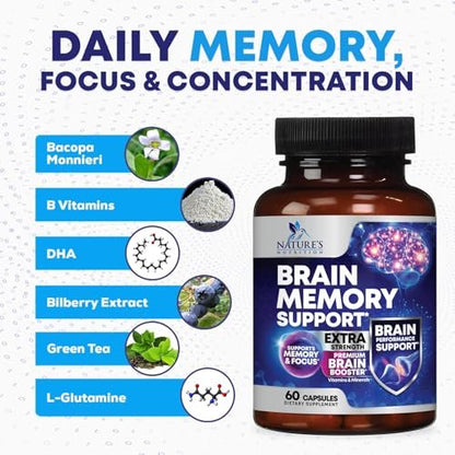 3X Gehirn Booster – Gedächtnis & Konzentration Kapseln mit Bacopa, Phosphatidylserin & DMAE – Nootropikum für Fokus & Klarheit – 60 Kapseln