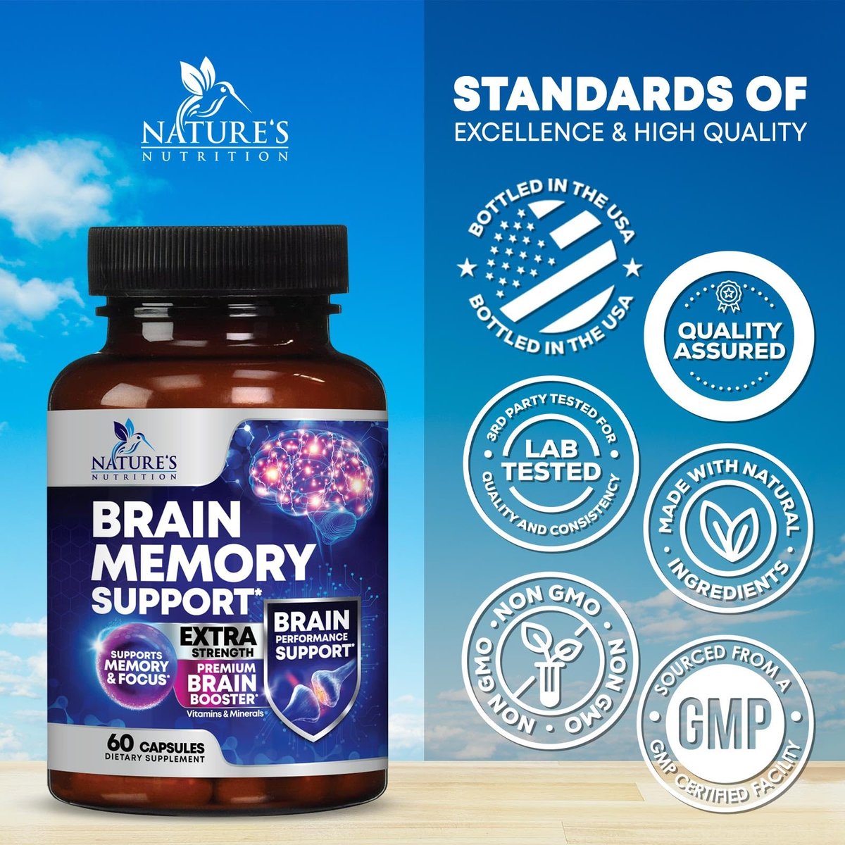 3X Gehirn Booster – Gedächtnis & Konzentration Kapseln mit Bacopa, Phosphatidylserin & DMAE – Nootropikum für Fokus & Klarheit – 60 Kapseln