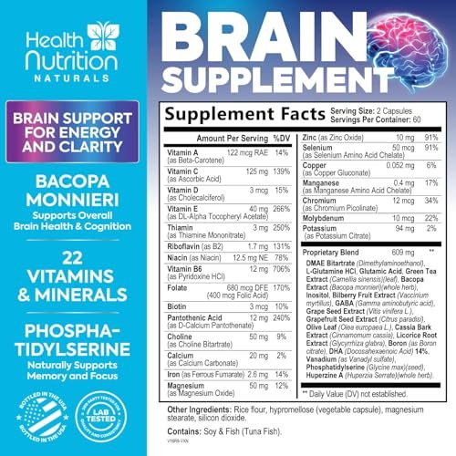 Gehirn Gedächtnis Ergänzung - 3X Stärke Nootropika für Konzentration, Klarheit & Fokus Unterstützung - Gehirngesundheit kognitive Vitamine mit Bacopa, Phosphatidylserin & DMAE, Gehirn Booster, 120 Kapseln