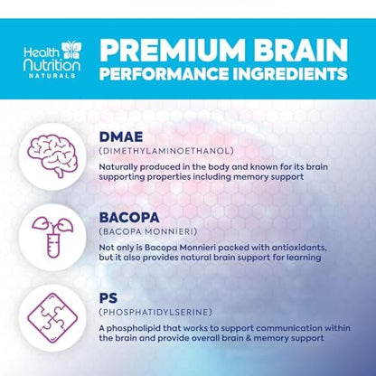 Gehirn Gedächtnis Ergänzung - 3X Stärke Nootropika für Konzentration, Klarheit & Fokus Unterstützung - Gehirngesundheit kognitive Vitamine mit Bacopa, Phosphatidylserin & DMAE, Gehirn Booster, 120 Kapseln