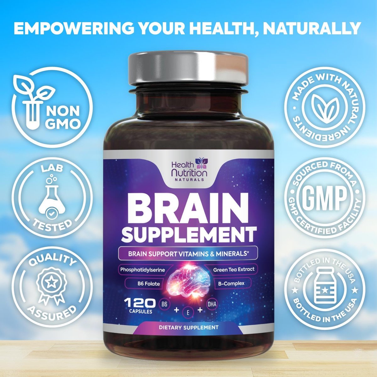 Gehirn Gedächtnis Ergänzung - 3X Stärke Nootropika für Konzentration, Klarheit & Fokus Unterstützung - Gehirngesundheit kognitive Vitamine mit Bacopa, Phosphatidylserin & DMAE, Gehirn Booster, 120 Kapseln