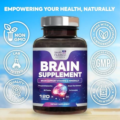 Gehirn Gedächtnis Ergänzung - 3X Stärke Nootropika für Konzentration, Klarheit & Fokus Unterstützung - Gehirngesundheit kognitive Vitamine mit Bacopa, Phosphatidylserin & DMAE, Gehirn Booster, 120 Kapseln