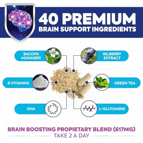 Gehirn Gedächtnis Ergänzung - 3X Stärke Nootropika für Konzentration, Klarheit & Fokus Unterstützung - Gehirngesundheit kognitive Vitamine mit Bacopa, Phosphatidylserin & DMAE, Gehirn Booster, 120 Kapseln