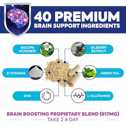 Gehirn Gedächtnis Ergänzung - 3X Stärke Nootropika für Konzentration, Klarheit & Fokus Unterstützung - Gehirngesundheit kognitive Vitamine mit Bacopa, Phosphatidylserin & DMAE, Gehirn Booster, 120 Kapseln
