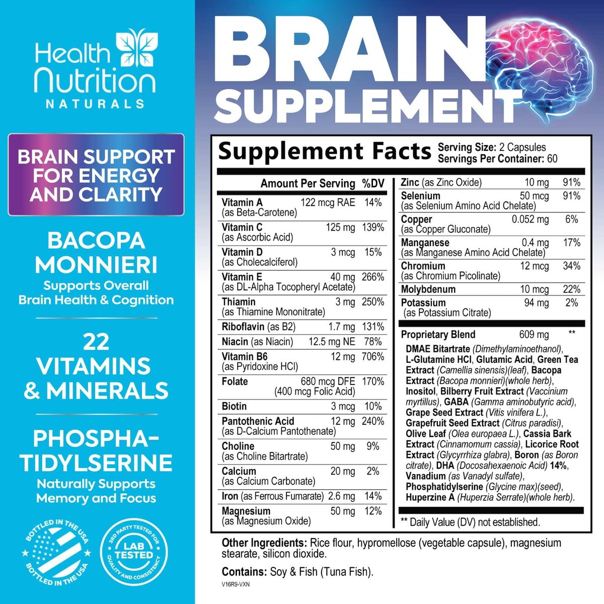 Gehirn Gedächtnis Ergänzung - 3X Stärke Nootropika für Konzentration, Klarheit & Fokus Unterstützung - Gehirngesundheit kognitive Vitamine mit Bacopa, Phosphatidylserin & DMAE, Gehirn Booster, 120 Kapseln