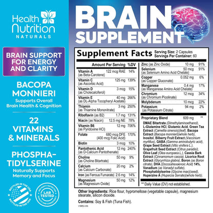 Gehirn Gedächtnis Ergänzung - 3X Stärke Nootropika für Konzentration, Klarheit & Fokus Unterstützung - Gehirngesundheit kognitive Vitamine mit Bacopa, Phosphatidylserin & DMAE, Gehirn Booster, 120 Kapseln