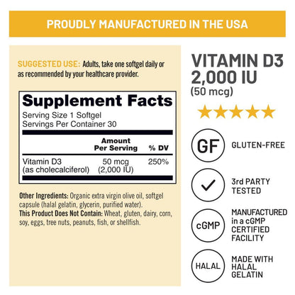 NatureWise Vitamin D3 2000 IE (50 µg) – 30-Tage-Vorrat für Immunsystem, Muskel- und Knochengesundheit – Non-GMO, glutenfrei in nativem Olivenöl extra, (Mini-Weichkapseln), 30 Stück