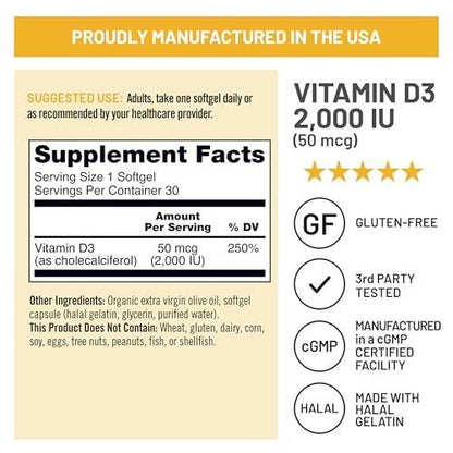 NatureWise Vitamin D3 2000 IE (50 µg) – 30-Tage-Vorrat für Immunsystem, Muskel- und Knochengesundheit – Non-GMO, glutenfrei in nativem Olivenöl extra, (Mini-Weichkapseln), 30 Stück
