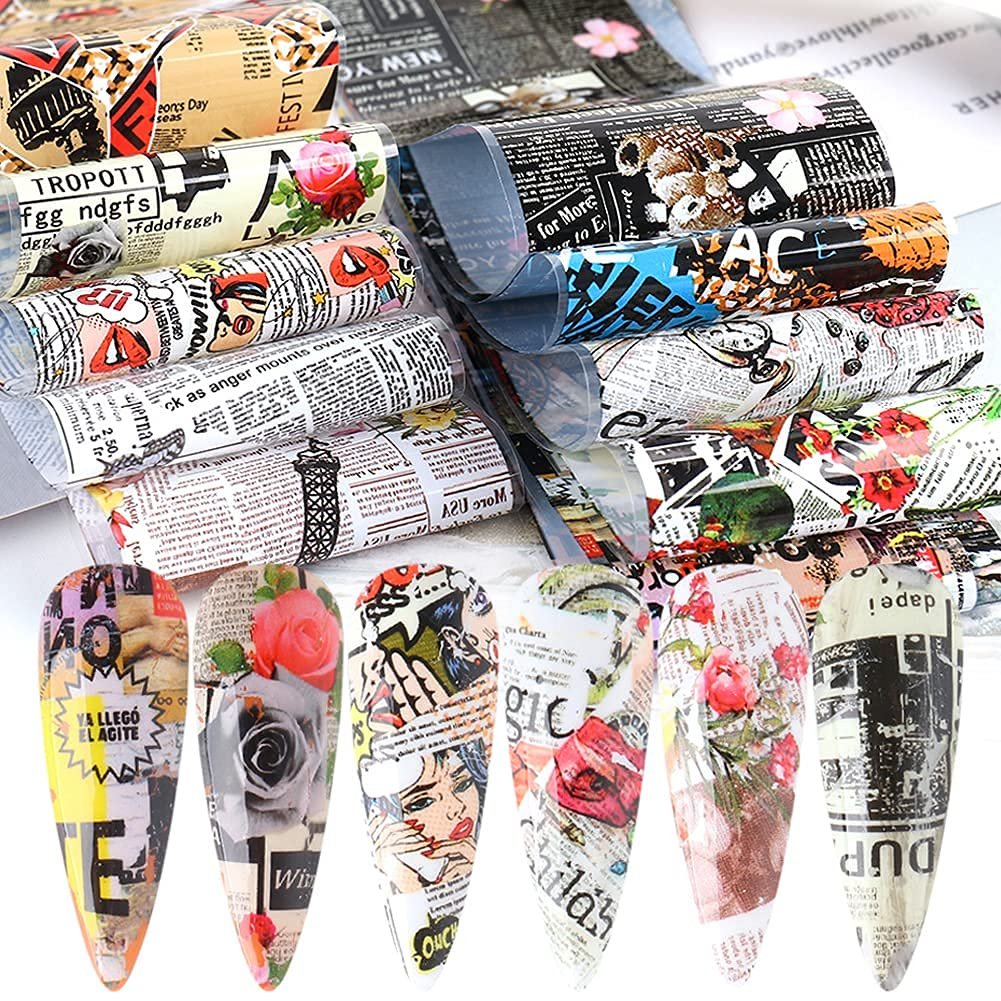 Retro Zeitungsoptik Nagelkunst-Folienaufkleber – Holografische Nagelfolien mit Blumen, Buchstaben, Schmetterlingen, 10 Stück