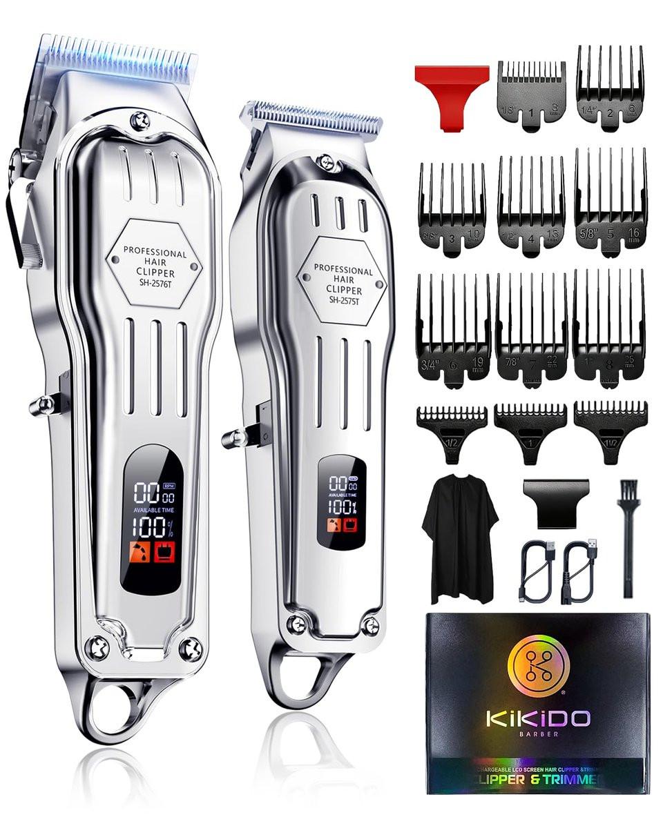 KIKIDO Haarschneider Professional Kabellos für Männer, Barber Haarschneidemaschine Set mit LCD Display, Wiederaufladbarer Haarschneider für die Familie (Silber)