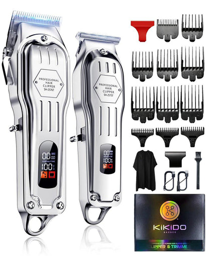 KIKIDO Haarschneider Professional Kabellos für Männer, Barber Haarschneidemaschine Set mit LCD Display, Wiederaufladbarer Haarschneider für die Familie (Silber)