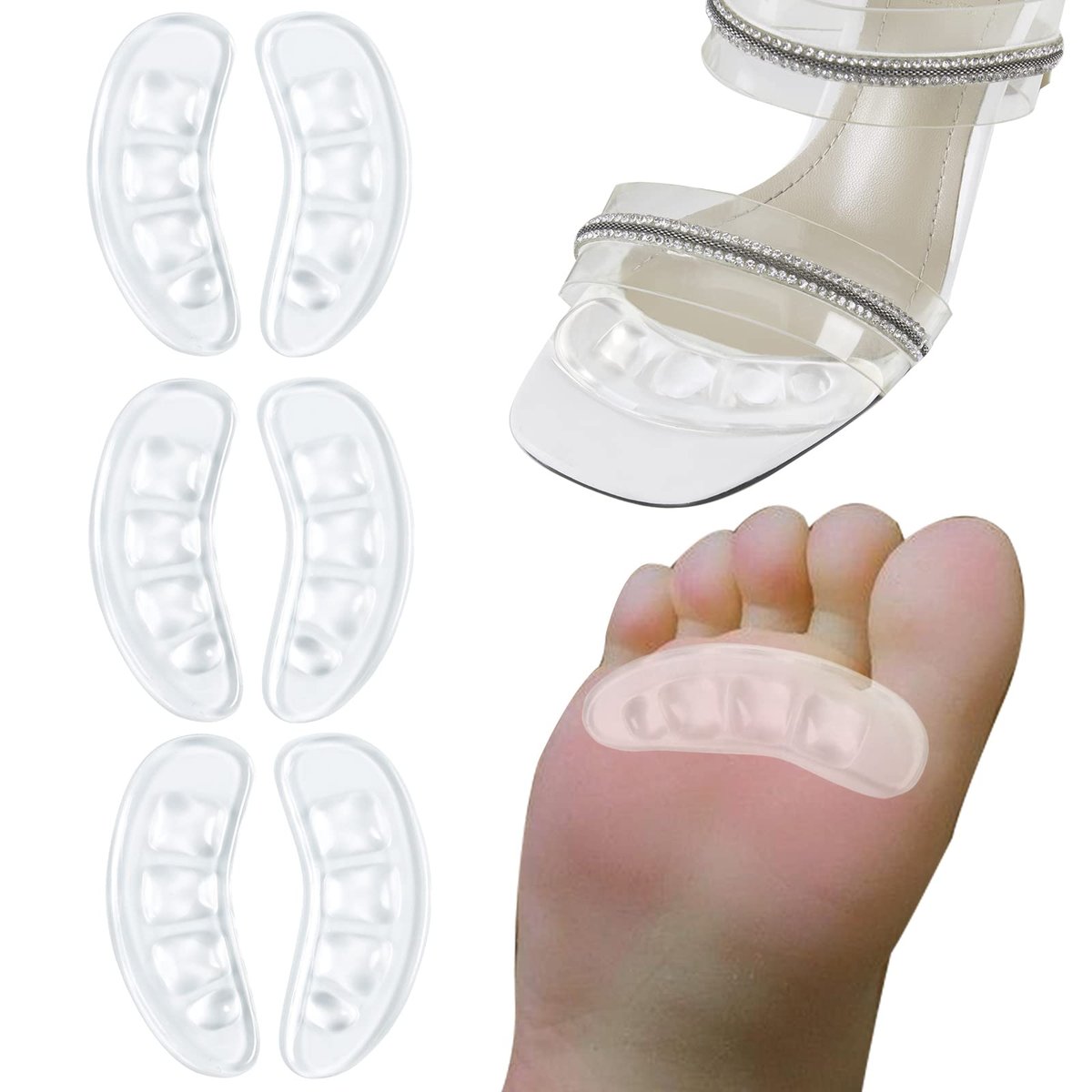 GQTJP Metatarsal Pads, Ball of Foot Cushions für Absätze – Rutschfeste Fußpolster zur Schmerzlinderung den ganzen Tag, Zehenpads für Schuhe, Fersenpolster gegen Vorrutschen (Transparent, 3 Paare)